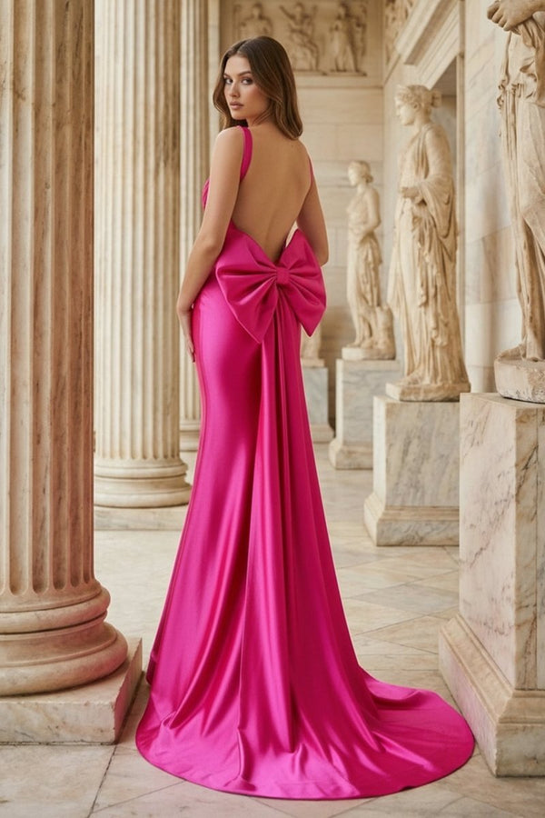 Fuchsia Straps Satin Mermaid Formal Gown with Bow - KissProm