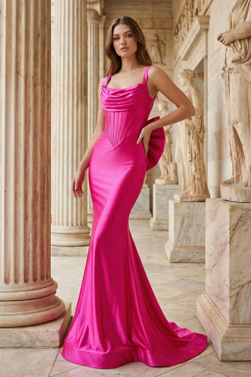 Fuchsia Straps Satin Mermaid Formal Gown with Bow - KissProm