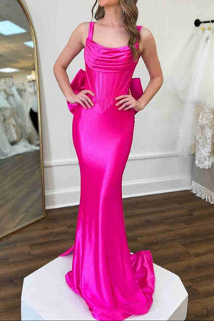 Dolores | Fuchsia Straps Satin Mermaid Formal Gown with Bow - KissProm