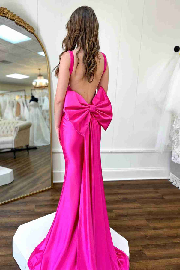 Dolores | Fuchsia Straps Satin Mermaid Formal Gown with Bow - KissProm