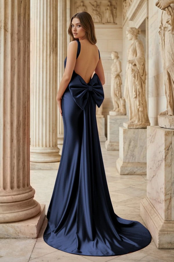 Fuchsia Square Neck Satin Mermaid Formal Gown with Bow - KissProm