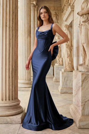 Fuchsia Square Neck Satin Mermaid Formal Gown with Bow - KissProm