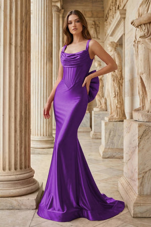 Fuchsia Square Neck Satin Mermaid Formal Gown with Bow - KissProm