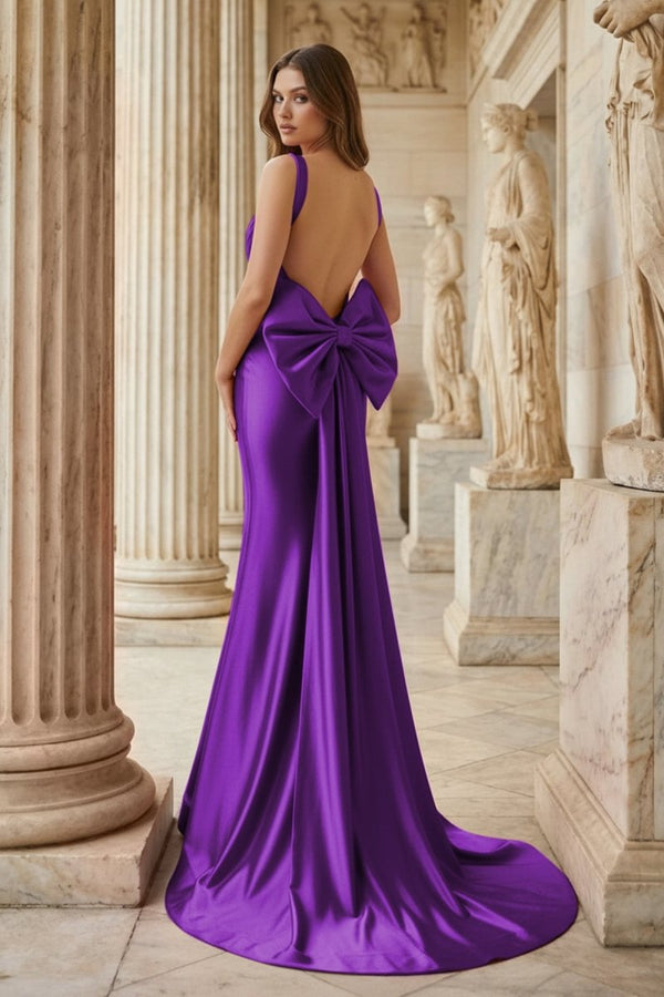 Fuchsia Square Neck Satin Mermaid Formal Gown with Bow - KissProm