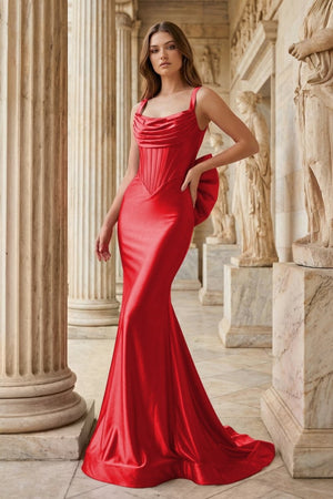 Fuchsia Square Neck Satin Mermaid Formal Gown with Bow - KissProm