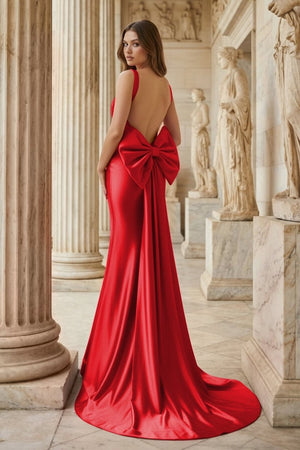 Fuchsia Square Neck Satin Mermaid Formal Gown with Bow - KissProm