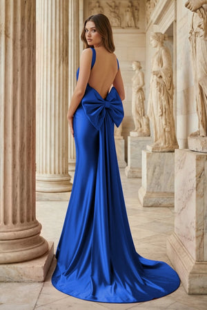 Fuchsia Square Neck Satin Mermaid Formal Gown with Bow - KissProm