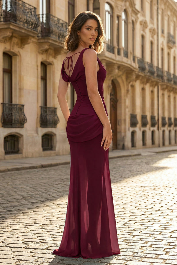 KissProm-Burgundy One Shoulder Sheath Chiffon Pleated Long Formal Prom Dresses