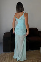 KissProm-Domenech Sky Blue One Shoulder Sheath Chiffon Pleated Long Formal Prom Dresses