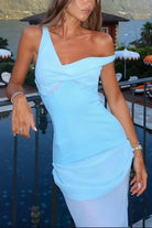 KissProm-Domenech Sky Blue One Shoulder Sheath Chiffon Pleated Long Formal Prom Dresses