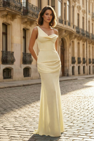 Sky Blue One Shoulder Sheath Chiffon Pleated Long Formal Prom Dresses – Prom Dress by KissProm | Available at KissProm