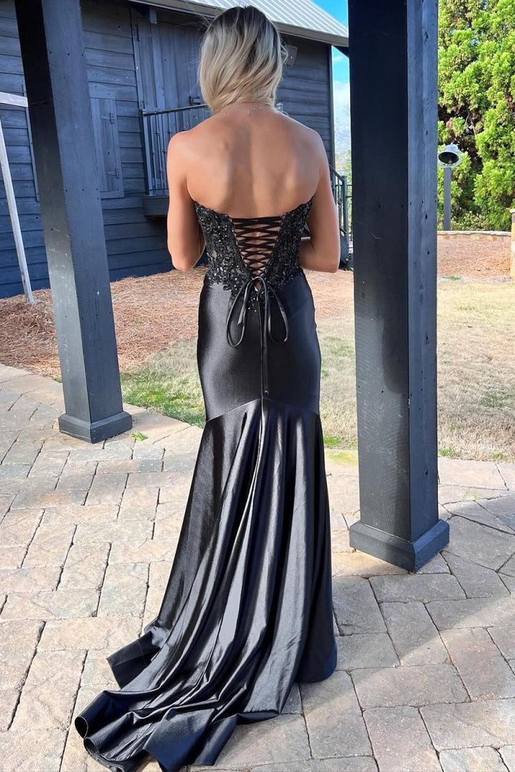 Mermaid Sweetheart Long Sleeve Appliques Satin Prom Dress with Slit LBQ3789 main image 1