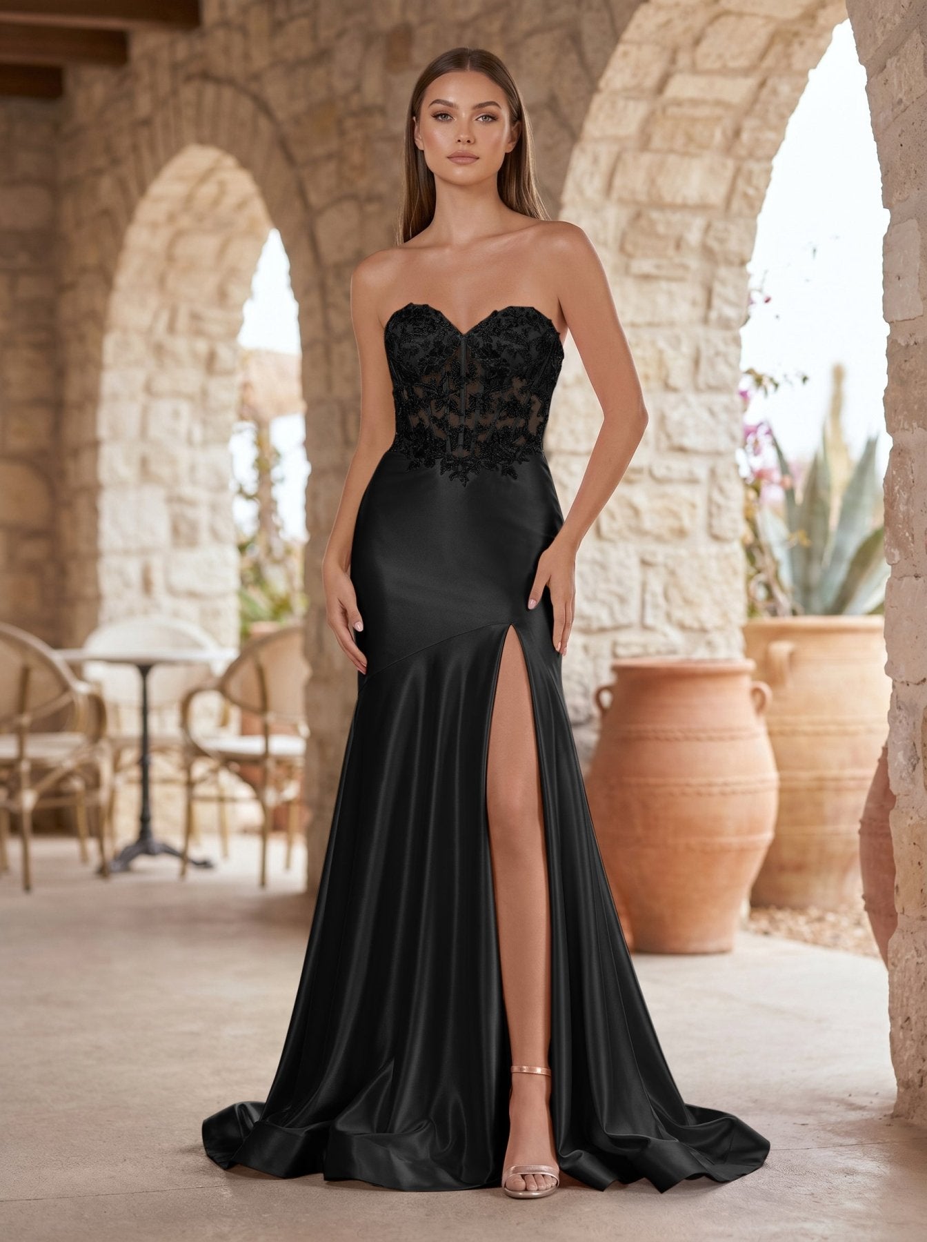 KissProm Mermaid Sweetheart Lace Satin Black Prom Dress with Slit, Black / 18