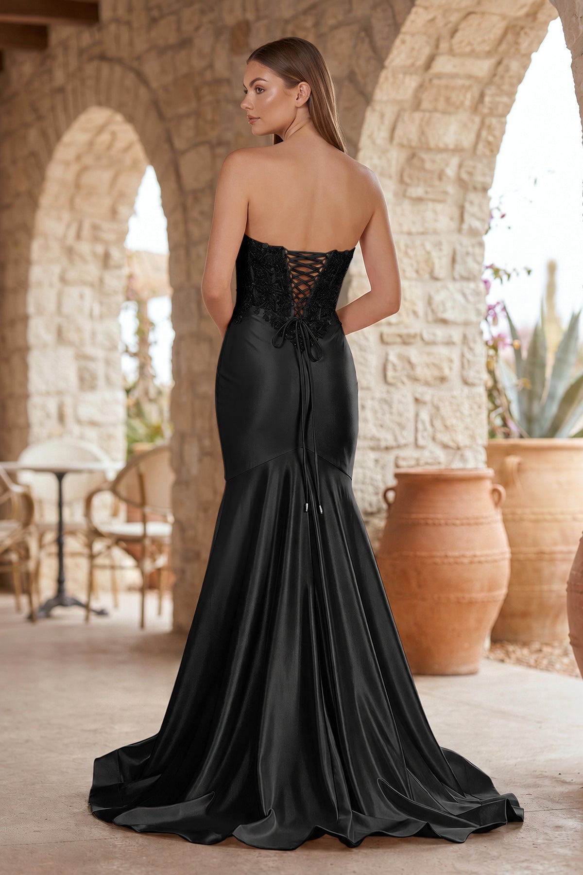 KissProm Mermaid Sweetheart Lace Satin Black Prom Dress with Slit, Black / 18
