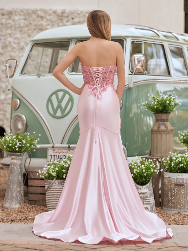 Donya | Mermaid Sweetheart Lace Satin Black Prom Dress with Slit