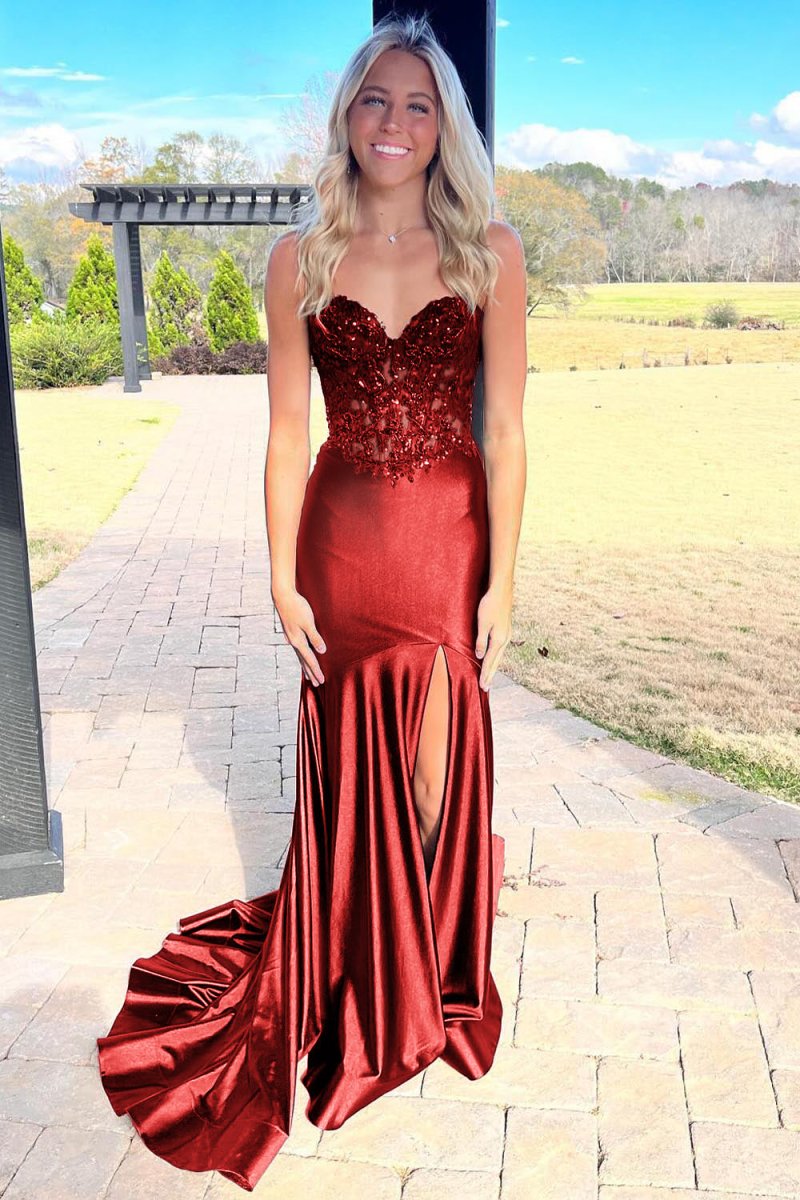 open lace back dress Mermaid Sweetheart Lace Satin Black Prom Dress with Slit Black / 18