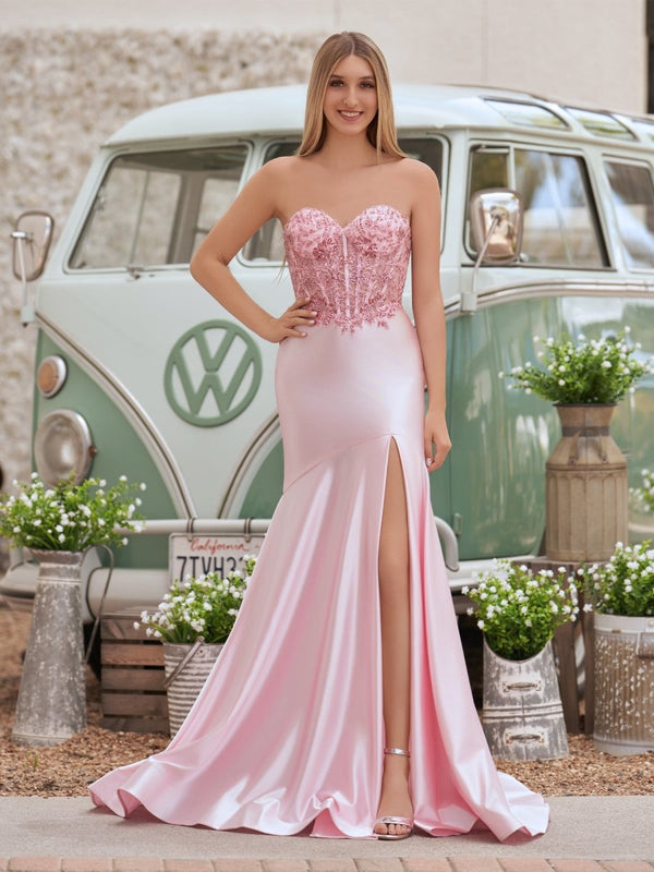 Donya | Mermaid Sweetheart Lace Satin Black Prom Dress with Slit