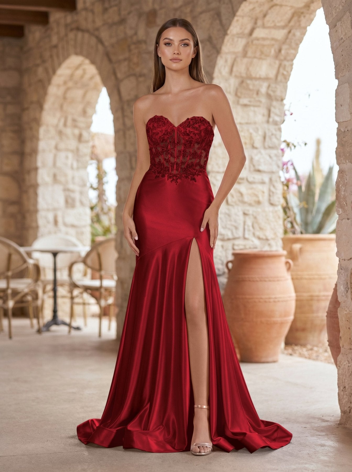 KissProm Mermaid Sweetheart Lace Satin Black Prom Dress with Slit, Red / Custom Size