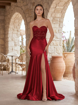 Burgundy Mermaid Sweetheart Lace Satin Prom Dress with Slit-KISSPROM