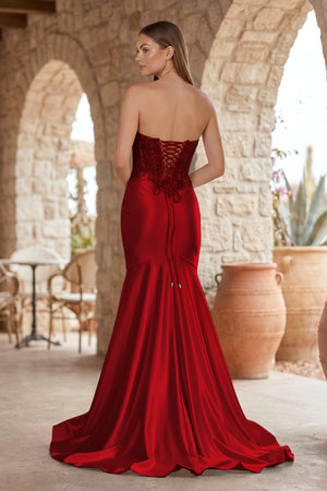 Burgundy Mermaid Sweetheart Lace Satin Prom Dress with Slit-KISSPROM