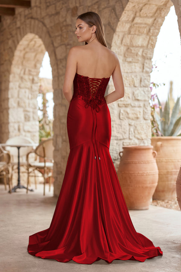 Burgundy Mermaid Sweetheart Lace Satin Prom Dress with Slit-KISSPROM