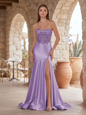 Lilac Mermaid Sweetheart Lace Satin Prom Dress with Slit-KISSPROM