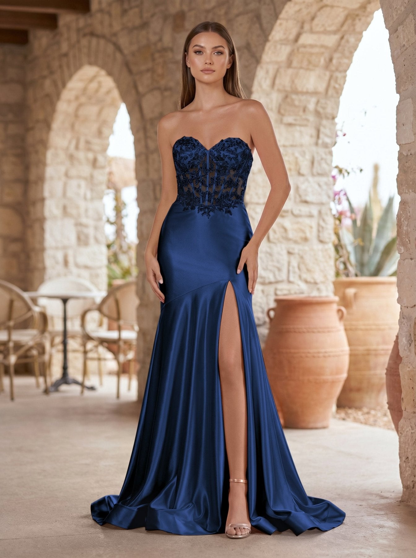 KissProm Mermaid Sweetheart Lace Satin Black Prom Dress with Slit, Navy Blue / 2