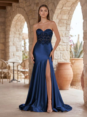 Navy Blue Mermaid Sweetheart Lace Satin Prom Dress with Slit-KISSPROM