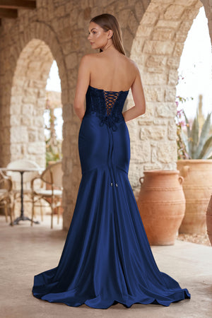 Navy Blue Mermaid Sweetheart Lace Satin Prom Dress with Slit-KISSPROM