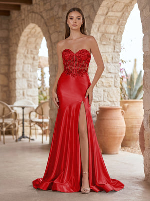 Red Mermaid Sweetheart Lace Satin Prom Dress with Slit-KISSPROM