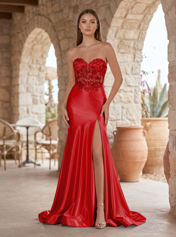 Red Mermaid Sweetheart Lace Satin Prom Dress with Slit-KISSPROM
