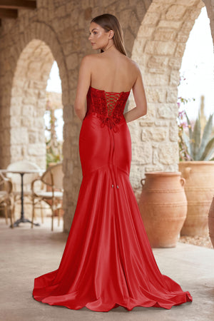 Red Mermaid Sweetheart Lace Satin Prom Dress with Slit-KISSPROM