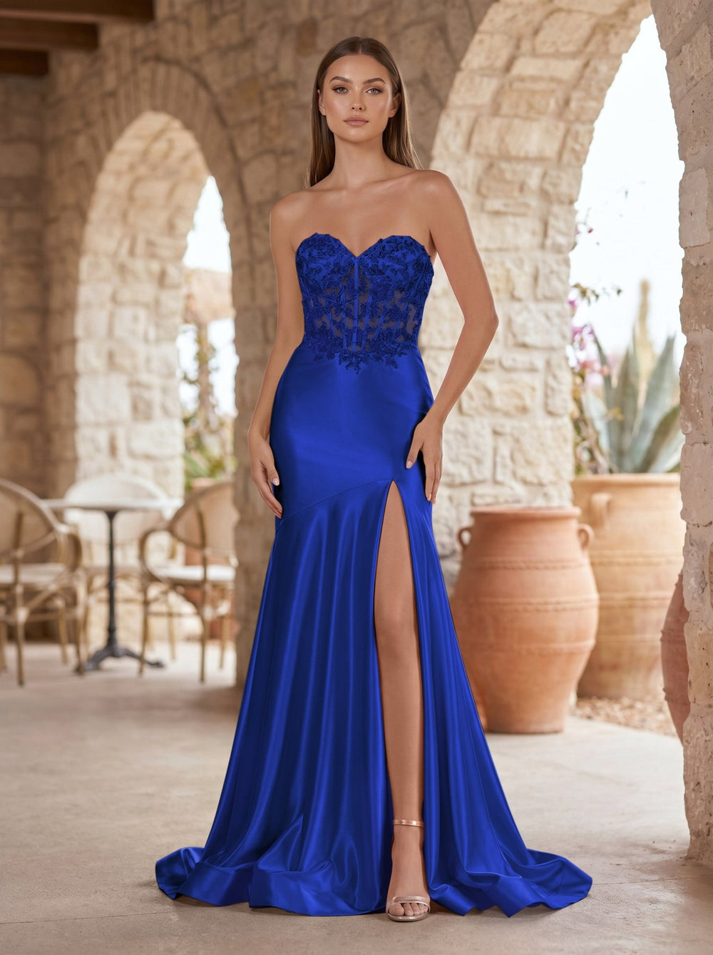 Royal Blue Mermaid Sweetheart Lace Satin Prom Dress with Slit-KISSPROM
