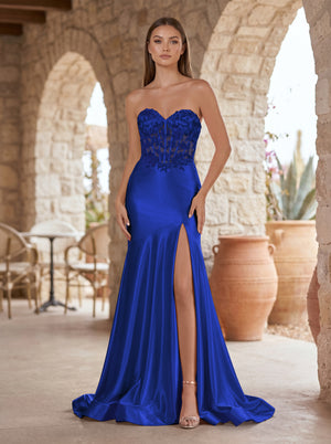 Royal Blue Mermaid Sweetheart Lace Satin Prom Dress with Slit-KISSPROM