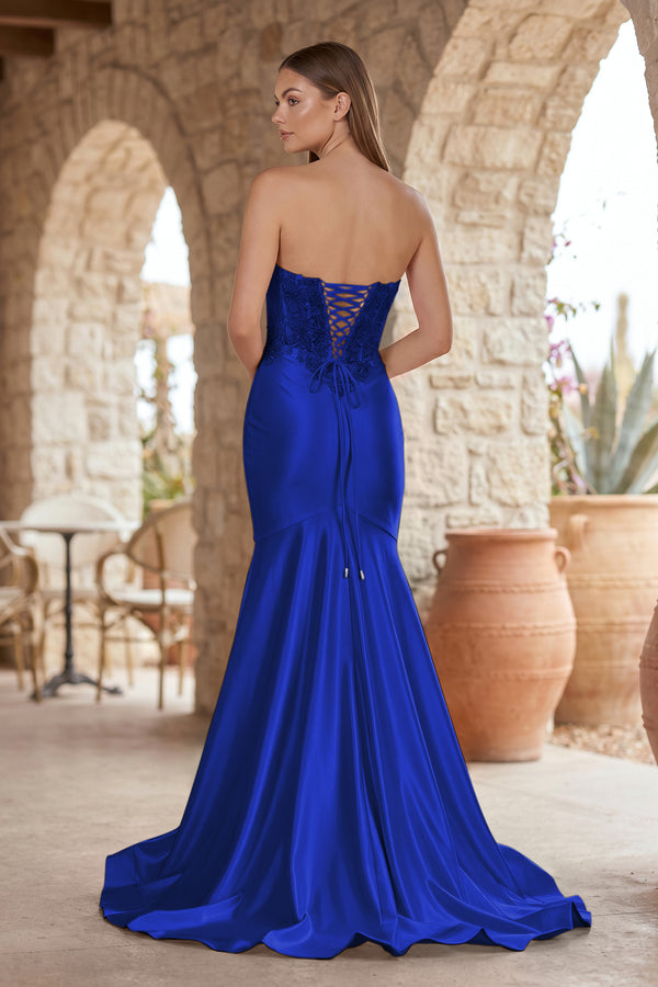 Royal Blue Mermaid Sweetheart Lace Satin Prom Dress with Slit-KISSPROM