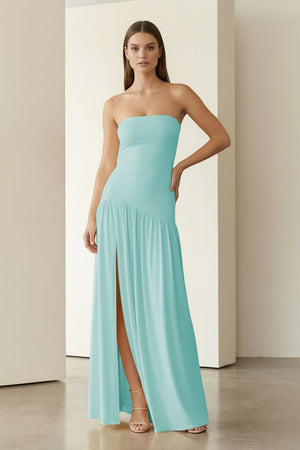 Dorvella | Yellow - Strapless Sheath Pleated Long Prom Dresses With Slit - KissProm