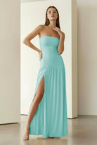 KissProm - Dorvella - Aqua - Strapless Sheath Pleated Long Prom Dresses With Slit