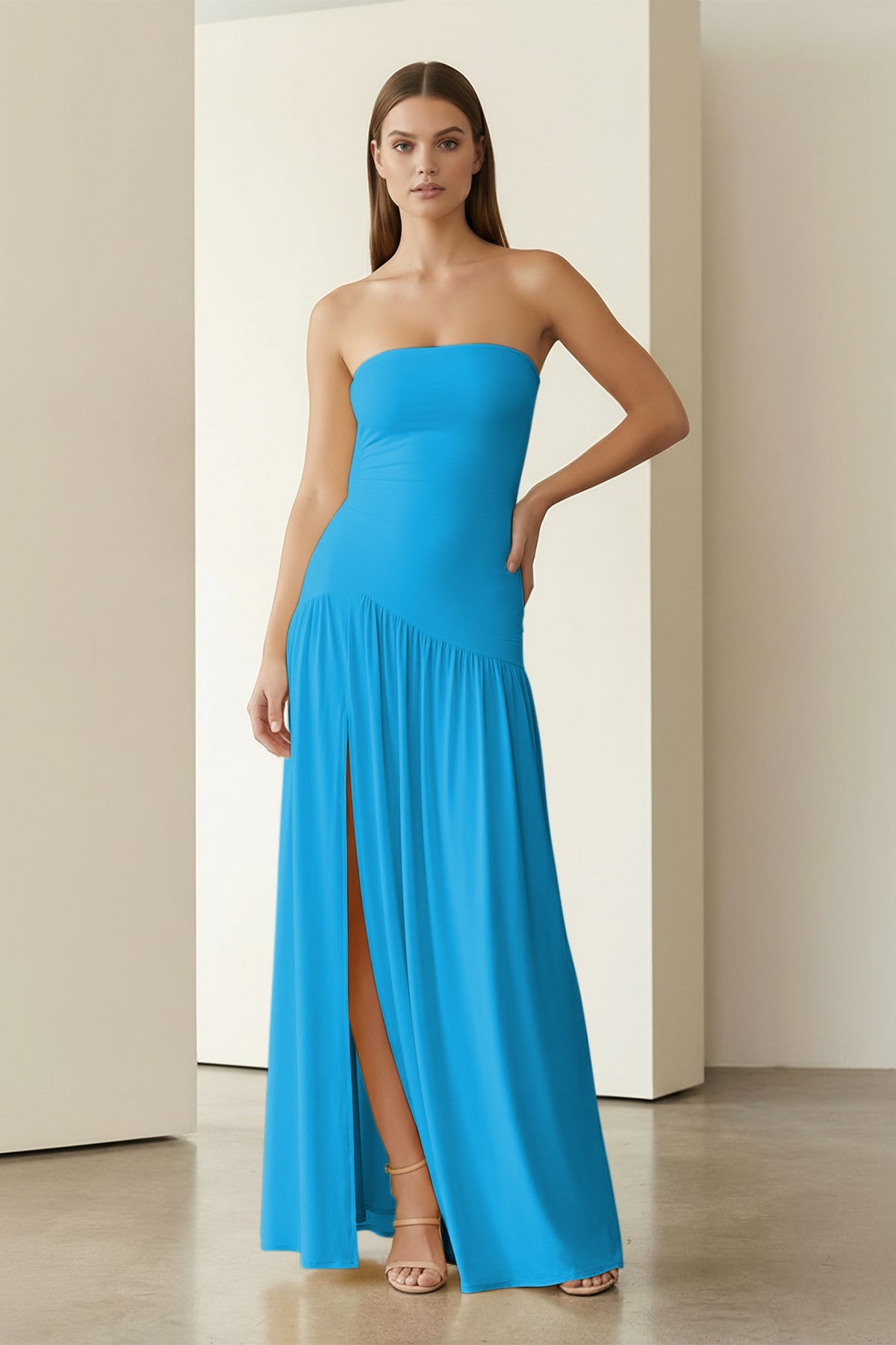 KissProm - Dorvella - Azure - Strapless Sheath Pleated Long Prom Dresses With Slit