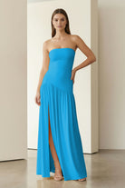 KissProm - Dorvella - Azure - Strapless Sheath Pleated Long Prom Dresses With Slit