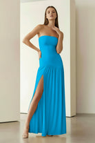 KissProm - Dorvella - Azure - Strapless Sheath Pleated Long Prom Dresses With Slit