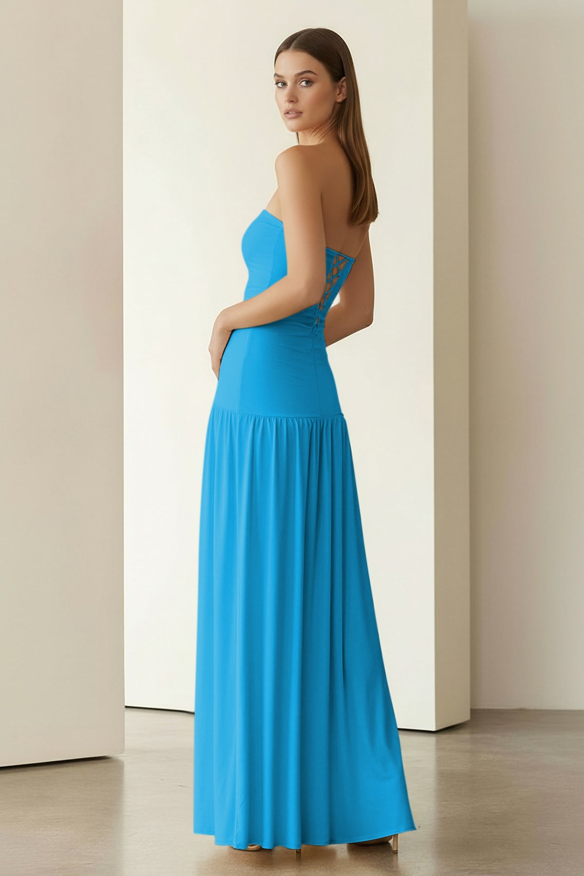 KissProm - Dorvella - Azure - Strapless Sheath Pleated Long Prom Dresses With Slit