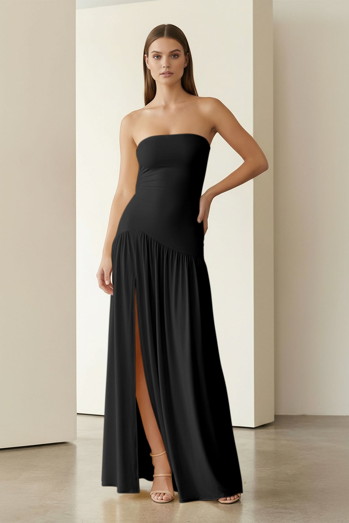KissProm - Dorvella - Black - Strapless Sheath Pleated Long Prom Dresses With Slit