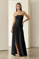 KissProm - Dorvella - Black - Strapless Sheath Pleated Long Prom Dresses With Slit