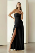 KissProm - Dorvella - Black - Strapless Sheath Pleated Long Prom Dresses With Slit