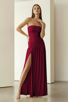 KissProm - Dorvella - Burgundy - Strapless Sheath Pleated Long Prom Dresses With Slit