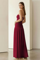 KissProm - Dorvella - Burgundy - Strapless Sheath Pleated Long Prom Dresses With Slit