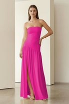KissProm - Dorvella - Fuchsia - Strapless Sheath Pleated Long Prom Dresses With Slit
