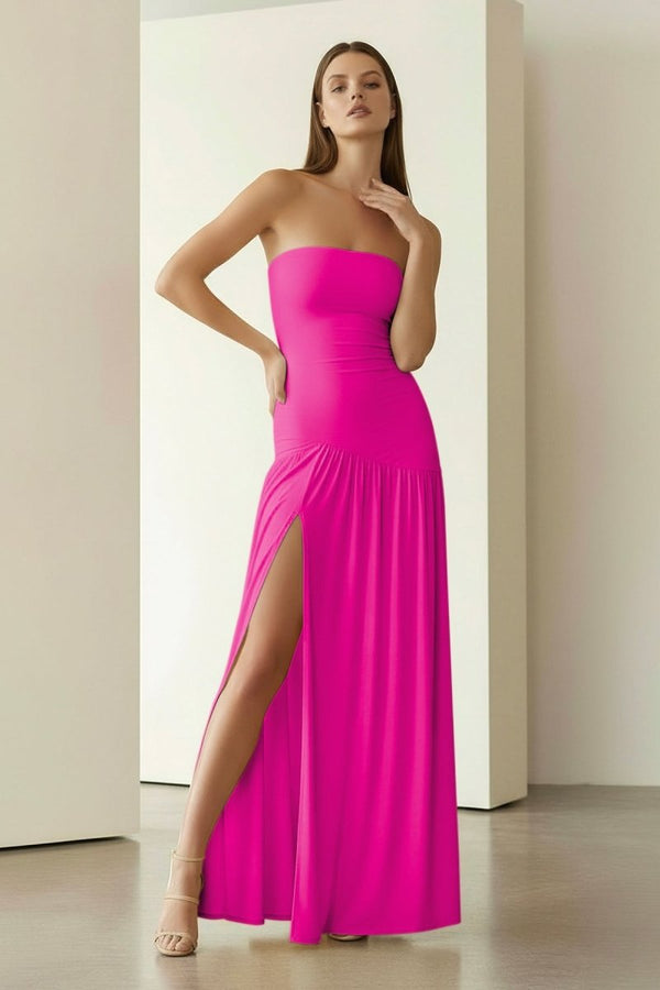 Dorvella | Yellow - Strapless Sheath Pleated Long Prom Dresses With Slit - KissProm