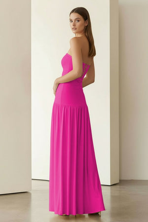 Dorvella | Yellow - Strapless Sheath Pleated Long Prom Dresses With Slit - KissProm