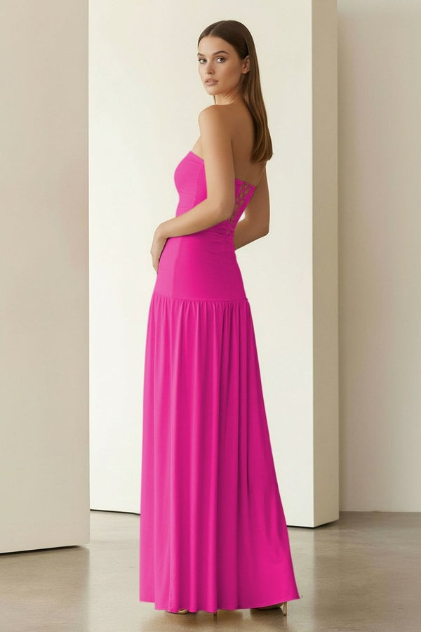 Dorvella | Yellow - Strapless Sheath Pleated Long Prom Dresses With Slit - KissProm